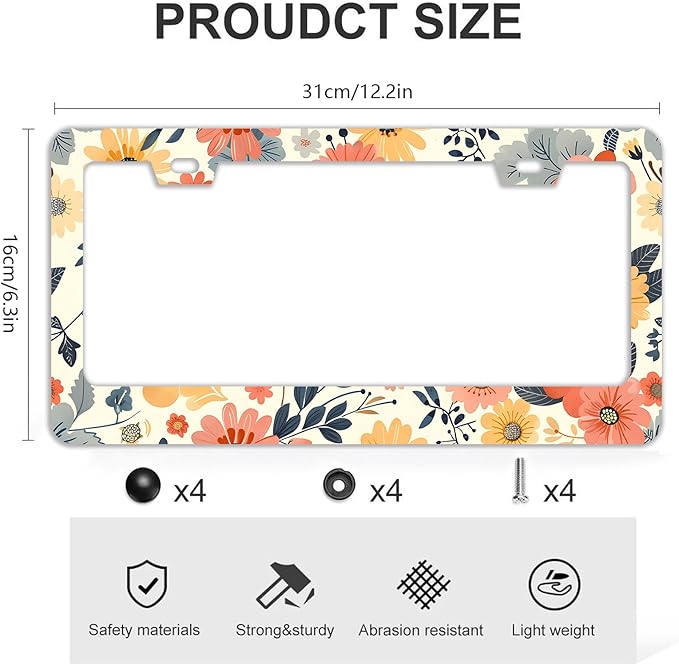 Colorful Floral Flowers License Plate Frames - 2 Pcs Set 2 Holes Stainless Steel Metal Auto Car Accessories Decoration License Plate Frame Cover Size 6.3" x 12.2" Fit US Vehicles for Women Men Gift