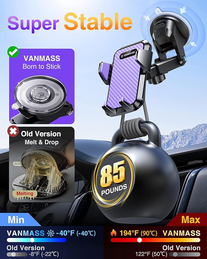VANMASS 2025【Strongest & Military-Grade】Car Phone Mount【Patent & Safety Certs】Ultimate Cell Phone Holder Handsfree Stand for Dashboard Window Vent for iPhone 16 Pro Max 15 14 13 Samsung Android Truck