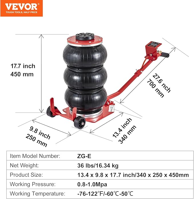 VEVOR Air Jack, 3 Ton/6600 lbs Triple Bag Air Jack, Airbag Jack with Six Steel Pipes, Lift up to 17.7 inch/450 mm, 3-5 s Fast Lifting Pneumatic Jack, with Long Handles for Cars, Garages, Repair, (Red)
