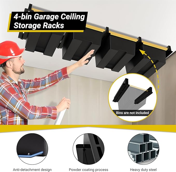 Overhead Garage Storage Rack 4-Bin, Heavy Duty Ceiling Racks w/ 400 LBS Load Capacity for Utility Bin, Powder Coated Tote Rack for Garages, Sheds, Storerooms,(5 PCS, for 4 Bins)