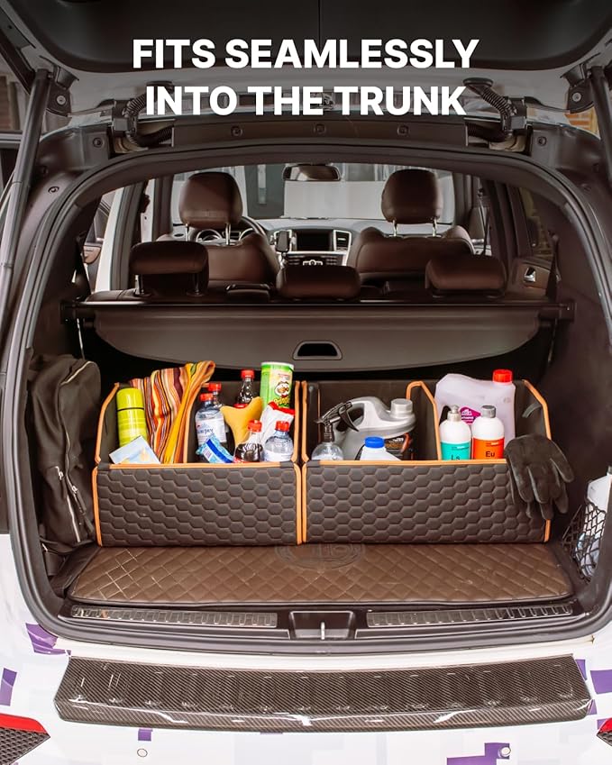 Sedan Trunk Organizer 17.7" Storage Tote For Groceries, Tools & Travel Gear - Foldable Eco-Leather Car Crate With Magnetic Lid | Stylish Presents For Drivers | Black-Brown (Hexy 17)