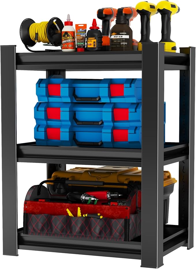 Garage Shelving Unit, 1200 lbs Load Capacity, Adjustable Garage Storage Shelves, Sturdy Steel Storage Shelf for Workshop, 3-Tier 32" H x 20" W x 14" D, Black