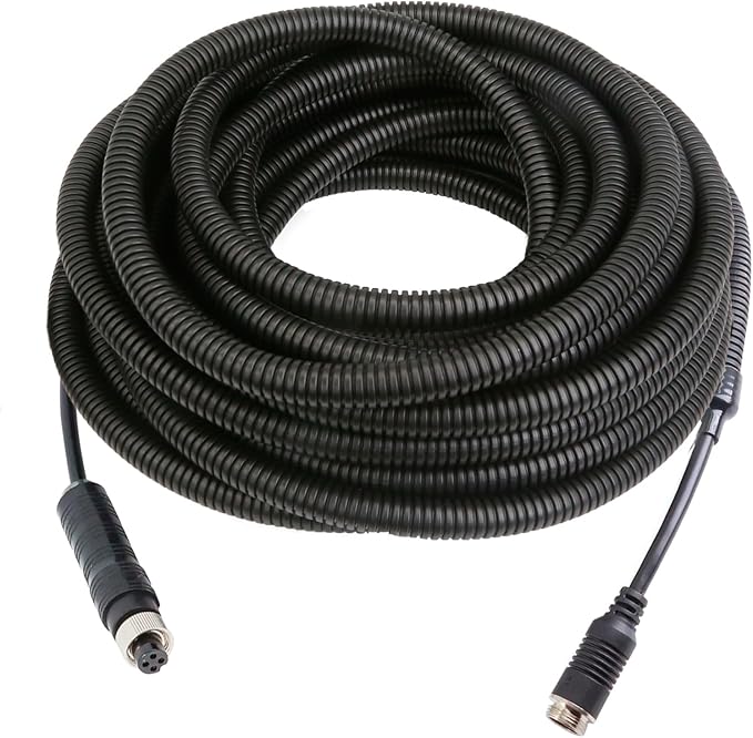 4 Pin Backup Camera Cable with Corrugated Tube Cover, 4 Pin Aviation Extension Cord, Weatherproof, Compatible with Rearview Camera Systems, Radar DVRs, CCTV Security Systems(33FT/10M)