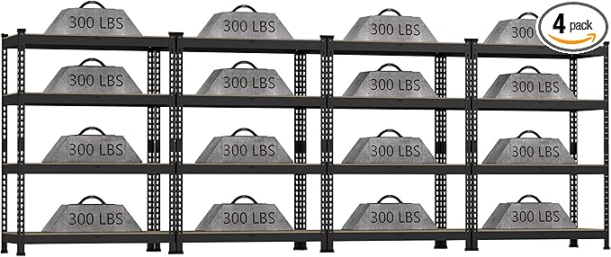 4 Packs 36" W x 16" D x 55" H Adjustable Garage Storage Shelves - 4-Shelf Heavy Duty Shelving Unit, Metal Utility Storage Organizer Racks for Warehouse Pantry Closet Kitchen, Black