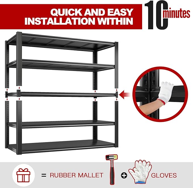 REIBII 48" W Garage Shelving 2500LBS Storage Shelves Adjustable Metal Shelving Heavy Duty Garage Shelves for Warehouse Pantry Basement 48" W x 72" H x 18" D