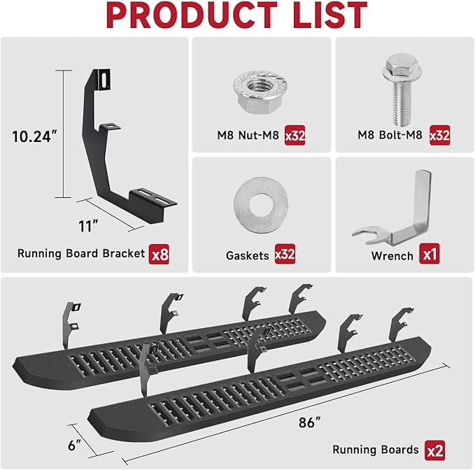 6'' Running Boards Side Steps Nerf Bars – Heavy-Duty Carbon Steel with Black Powder Coating – Durable and Rust-Resistant, Fits for 2019-2024 Silverado Crew Cab (Mixed Slots)