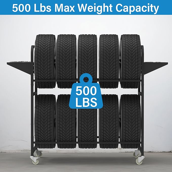 Tire Storage Rack 44" x 44" x 18" w/Anti-dust Cover, Rolling Tire Rack Adjustable, Tire Rack for Garage Black w/4 Swivel Casters & 2 Storage Shelf for Garage Storage