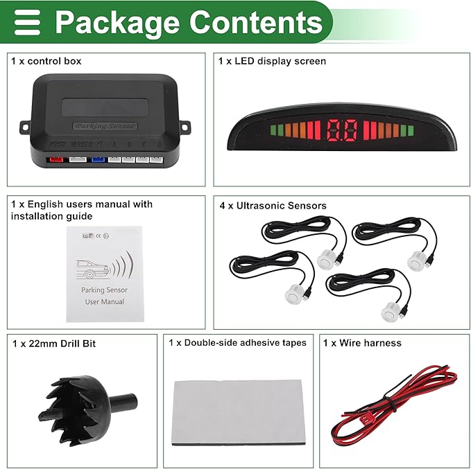 Motoforti Universal Car Auto Vehicle Reverse Backup Radar System Reverse Parking Sensors Alarm Buzzer Reminder Distance Detection White 4Parking Sensors