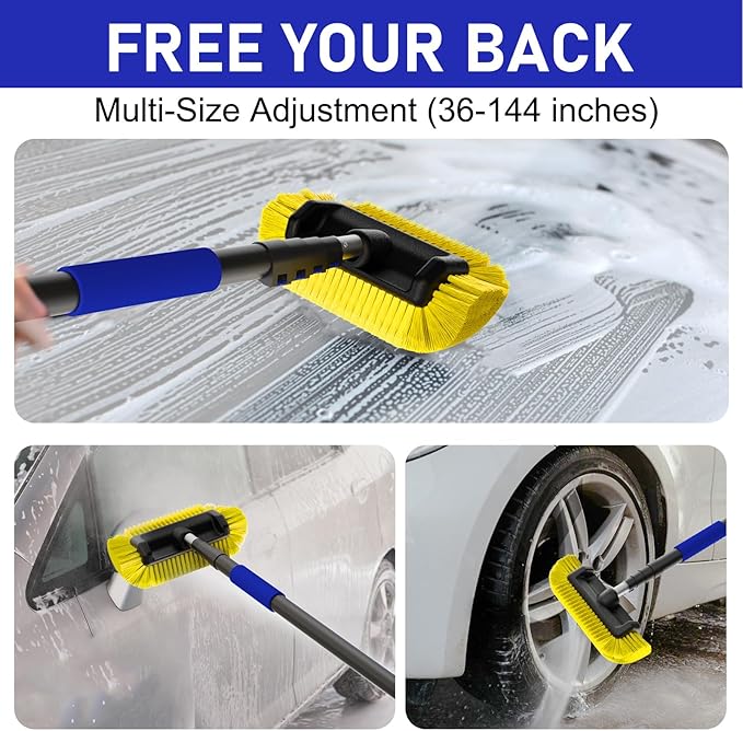 12FT Car Wash Brush with Long Handle, Car Cleaning Brush with Soft Bristle, Aluminium Telescoping Pole for Solar Panel, House Siding, Cars, Trucks, SUV, RV, Floors, Blue