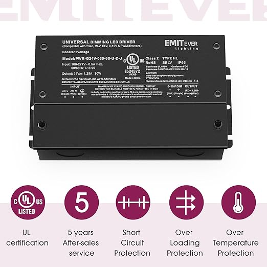 EMITEVER Dimmable Led Driver, 2 Packs 30W AC 110V-277V to DC 24V Transformer, 5-in-1 Dimming: ELV/MLV/TRIAC / 0-10V / 1-10V / 10V PWM/Potentiometer, Waterproof IP67 and UL Listed