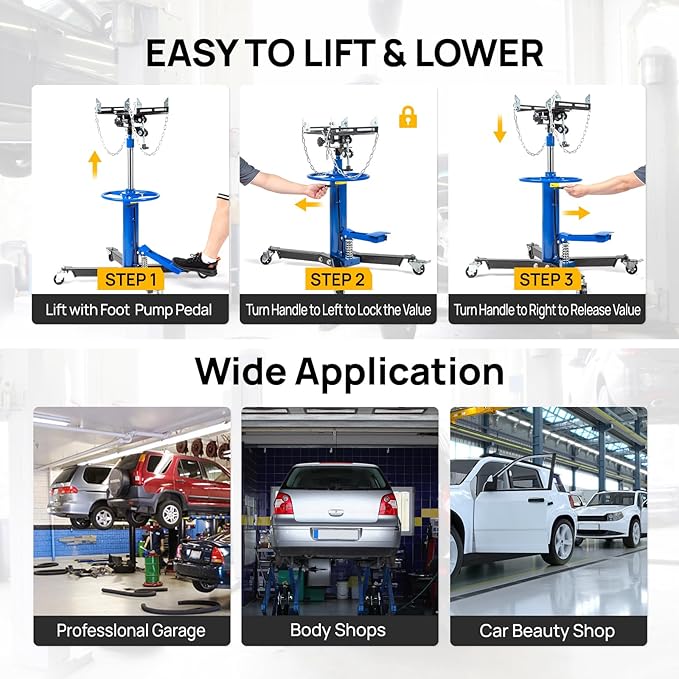 TUFFIOM Transmission Jack, 1100 lbs 1/2Ton Hydraulic 2-Stage High Lift Vertical Telescoping Floor Jack Stand, 34" to 68" Lifting Range, w/Pedal, 360° Swivel Wheels, Garage/Shop Lift Hoist, Blue