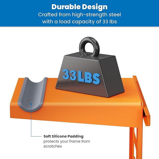 Mount-It! Bike Wall Mount Rack with Shelf and Hooks, Horizontal Indoor Bike Rack Garage Home, Space Saving Wall Mounted Hanger for a single Road, Mountain or other Bicycle with Extra Storage, Orange