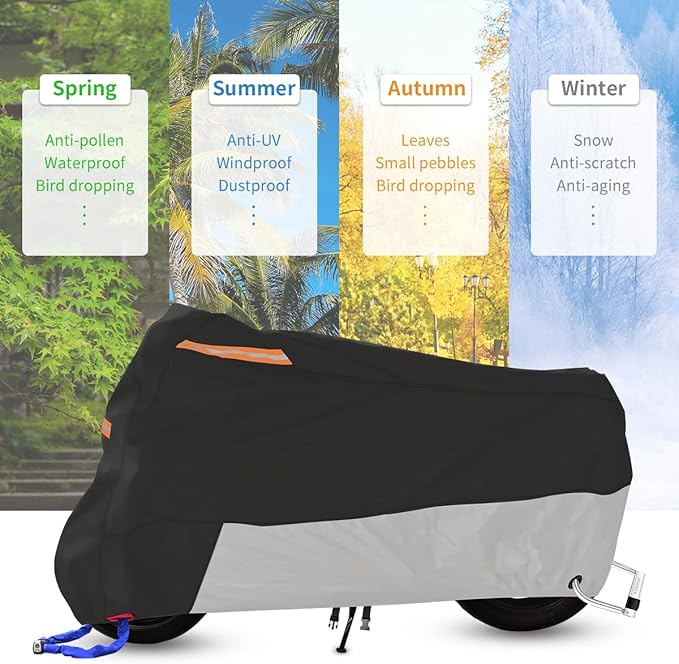 Motorcycle Cover, Coverado Motorcycle Covers Waterproof Outdoor Storage with Lockholes and Night Reflector, All Weather Waterproof Sun Protection Outdoor Scooter Cover Universal Fit Up to 93" Motors