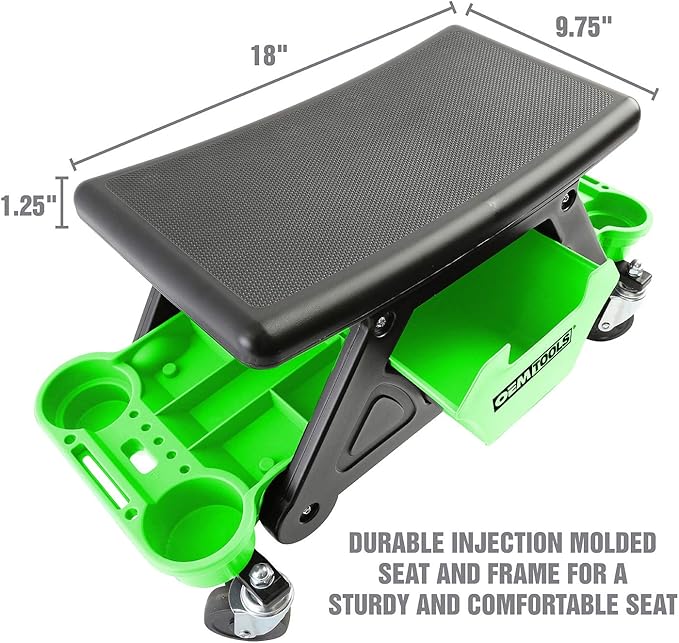 OEMTOOLS 24986 Heavy-Duty Rolling Workbench and Creeper Seat, Mechanics Stool with Wheels, Creepers, Shop Stools with Wheels, Automotive, Green and Black 300 LB Capacity