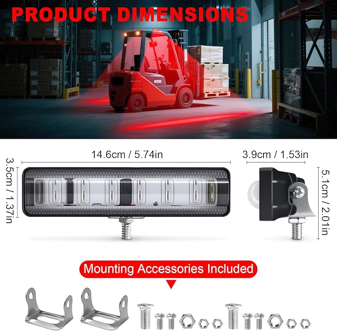 LED Forklift Safety Light Red for AGV Automated Guided Vehicle, Forklift Truck, Industrial Lift, Warehouse Safety, IP67 Waterproof, Aluminum Housing (2PCS)