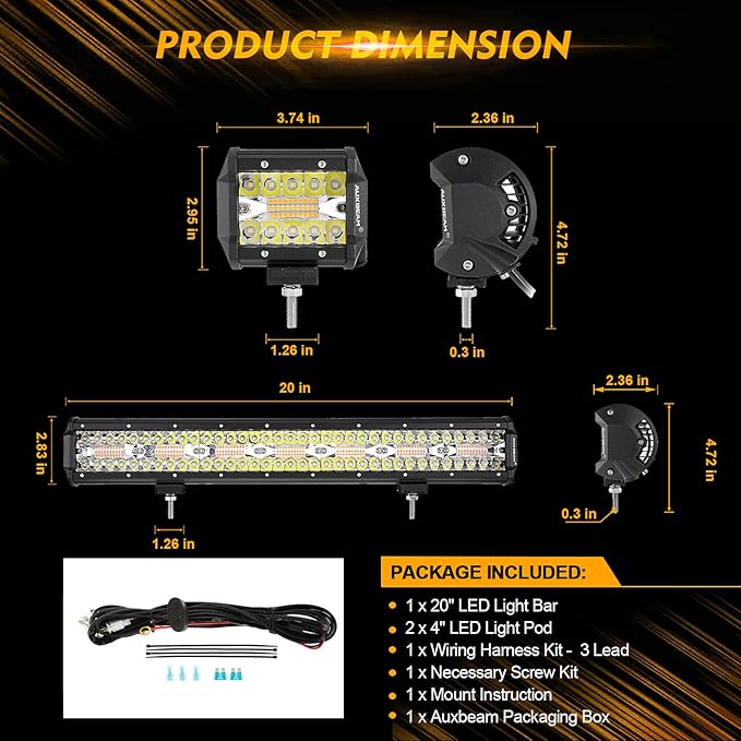 Auxbeam 20" 420W LED Light Bar w/ 2x 4" 120W Pods, Amber/White Strobe Off-Road Fog Lights, 6 Modes, Memory Reset, Spot/Flood, Yellow, Ditch Light for Truck Car ATV