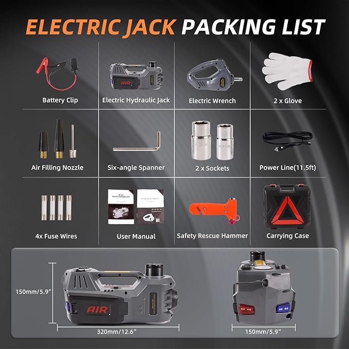 STANDTALL Electric Car Jack Kit 5T 12V Electric Floor Jack Lift for Vehicle, Electric Hydraulic Jack Auto Repair Tool Set with Built-in Inflator and Impact Wrench