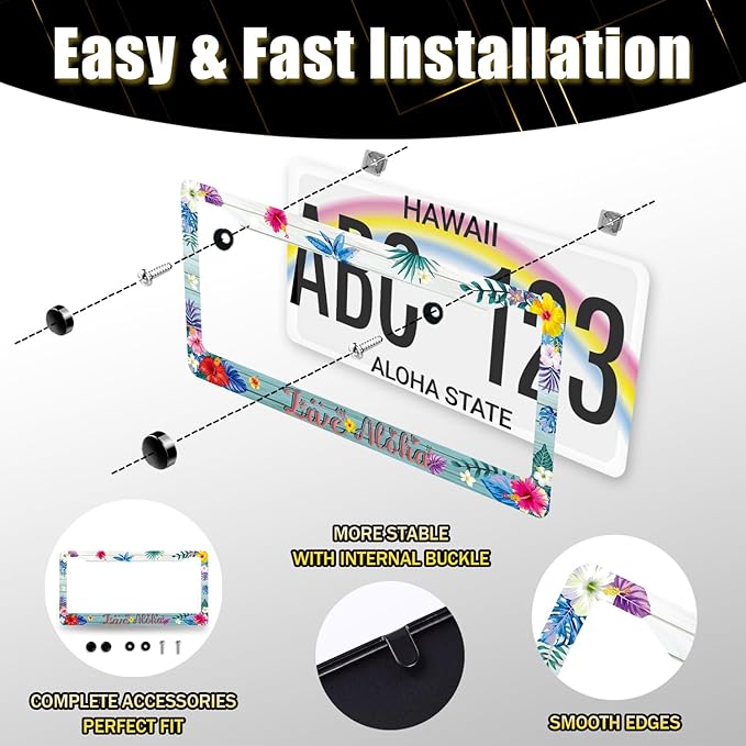 Aloha License Plate Frame Colorful Hibiscus Flowers License Plate Stainless Steel Funny Hawaii Accessories Cars Decor 12.2 X 6.2 Inch with 2 Holes and Screws Fits Standard Us Ca Vehicles