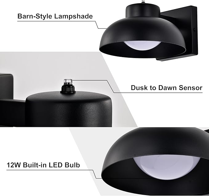 Black Exterior Light Fixtures, 2 Pack Dusk to Dawn LED Outdoor Wall Lights, 12W Integrated 3000K Farmhouse Barn Sconce, Waterproof LED Porch Lights Outdoor for Front Door, Garage, Entryway
