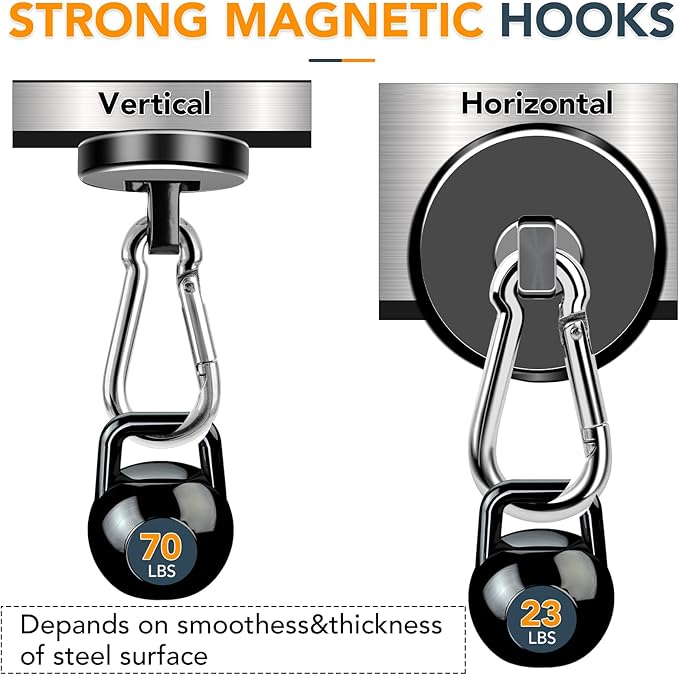 MIKEDE Strong Magnetic Hooks, 70LBS Magnetic Hooks Heavy Duty with Carabiner Hook, Strong Neodymium Magnets Hooks, Black Magnetic Hanger for Hanging, Kitchen, Grill, Locker, Cruise Ship Cabin - 3 Pack