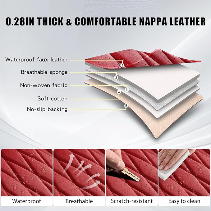 WELLDO Car Seat Covers Front Seats, Leather Seat Covers for Cars, Front Car Seat Protector Waterproof, Non-Slip Car Interior Covers Universal Automotive Seat Covers for Most Vehicle, Burgundy