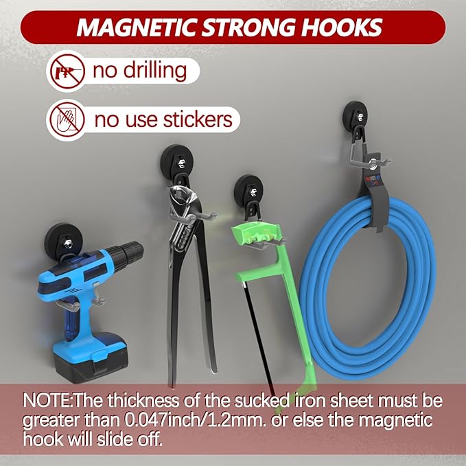 3-H Heavy Duty Magnet Garage Hooks 4 Pack, Large Strong Magnetic Hooks for Hanging Cordless Power Drill, Utility Magnetic Tool Holder for Metal Cabinet, Steel Pegboard, Toolbox, Garage(Grey)
