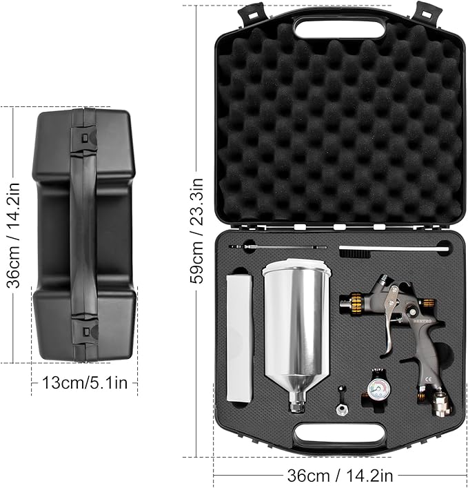 BEETRO HVLP Air Spray Gun with Storage Box, 1000ml Capacity 14.3CFM 29-32psi 1.4/1.8mm Nozzles Stainless Steel with Type 2 Adapter Professional Gravity Feed Sprayer Automotive