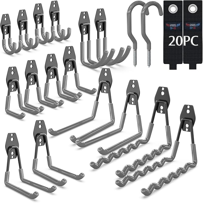 3-H Garage Wall Hooks 20 Pack, Garage Hooks Heavy Duty with Extra Welding Spots, Garage Organizer for Garden, Lawn, Chairs, Ladders, Weed Eater, Shovel(Gray)