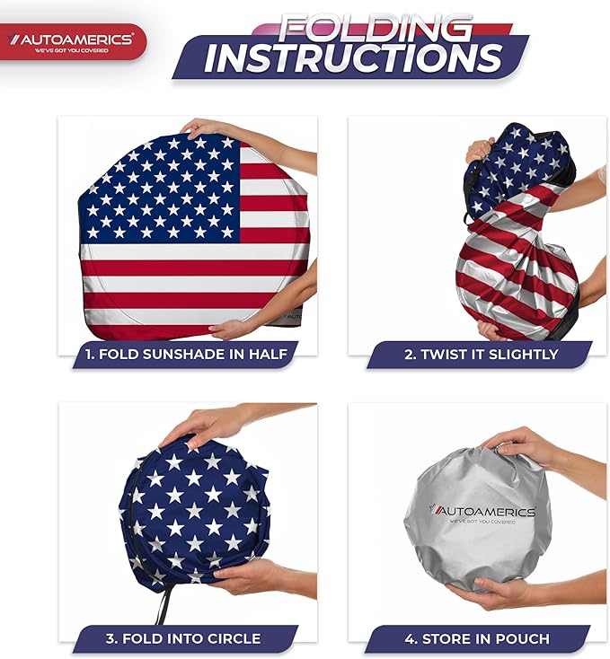 Autoamerics 1-Piece Windshield Sun Shade Original American Flag USA Patriotic Design - Foldable Car Front Window Sunshade for Sedans SUV Truck - Blocks Max UV Rays and Keeps Your Vehicle Cool - Large