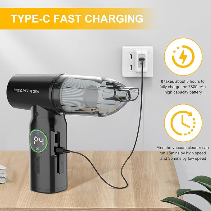 Car Vacuum Cleaner Cordless Handheld Portable - 18000Pa Powerful Suction & Air Blow - Upto 35mins Runtime - 4 Speeds - Brushless Motor- Hand held Vacuum Cleaner for Car Home Office Pet