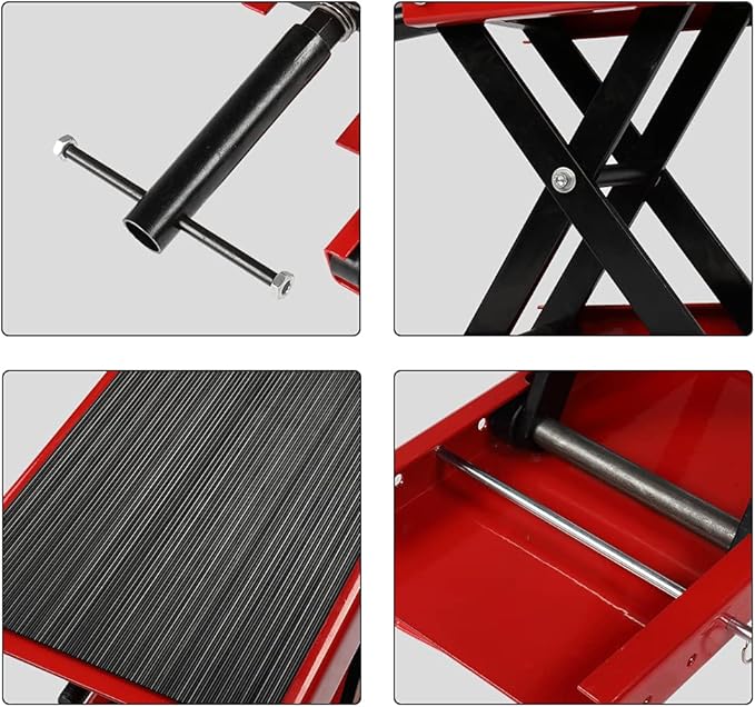 TUFFIOM 1100LBS Motorcycle Scissor Lift Jack，Height Adjustable with Rubber Top Surface & Safety Pin, Foldable Motorcycle Center Stand for Dirt Bike ATV, Red