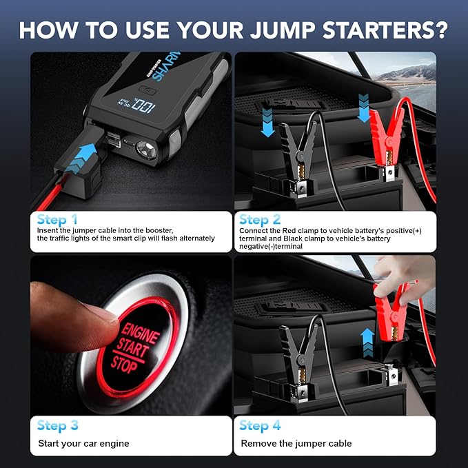 Jump Starter 4000A, 12V Car Battery Jump Starter with USB Quick Charge (Up to 10.0L Gas or 8.0L Diesel Engine), Battery Booster with 3 Modes Flashlight and Jumper Cable