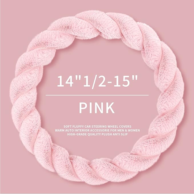 Luxury Fluffy Winter Car Steering Wheel Cover for Women Soft Warm Plush Cute Auto Accessories for Vehicle, Sedan, Universal, Fuzzy, Anti Slip, Pink, Standard Size, 14.75-15.15"