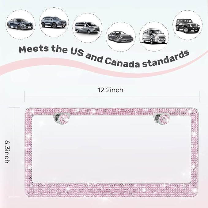 2 Pack License Plate Frames for Women, Sparkly Rhinestone Diamond Car Accessories with Glitter Crystal Caps (Pink (2PCS))