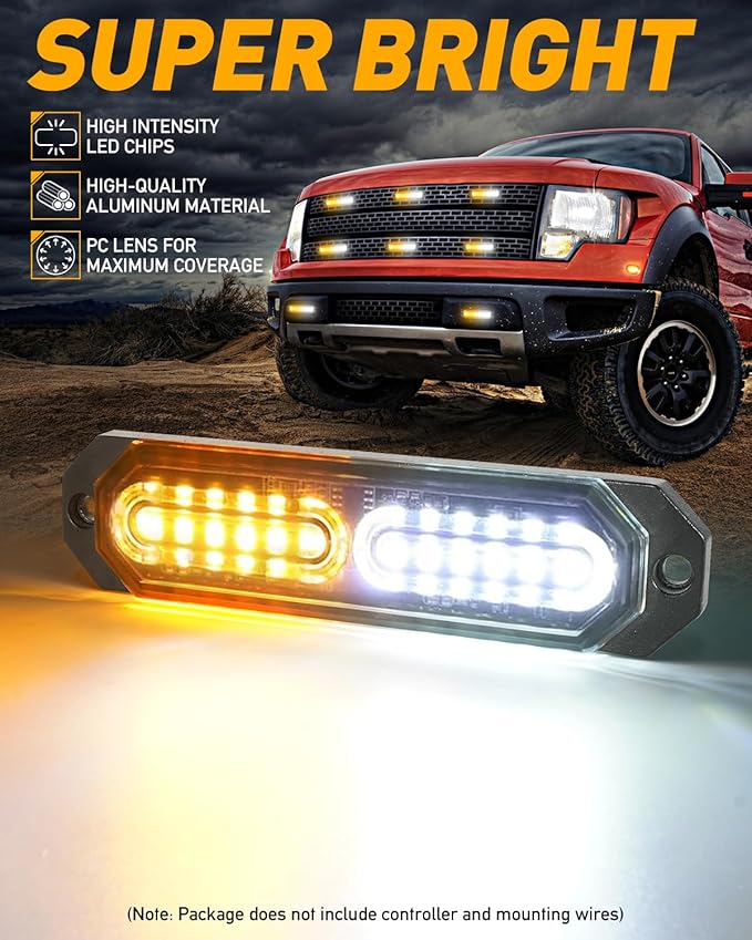 HLauto 1200T Emergency Strobe Grille Lights: 8pcs 12 LED Sync Feature Safety Warning Flashing Lights, Ultra Slim Surface Mount Hazard Caution Light for Trucks, Vehicles, Car, ATV, UTV (Amber White)