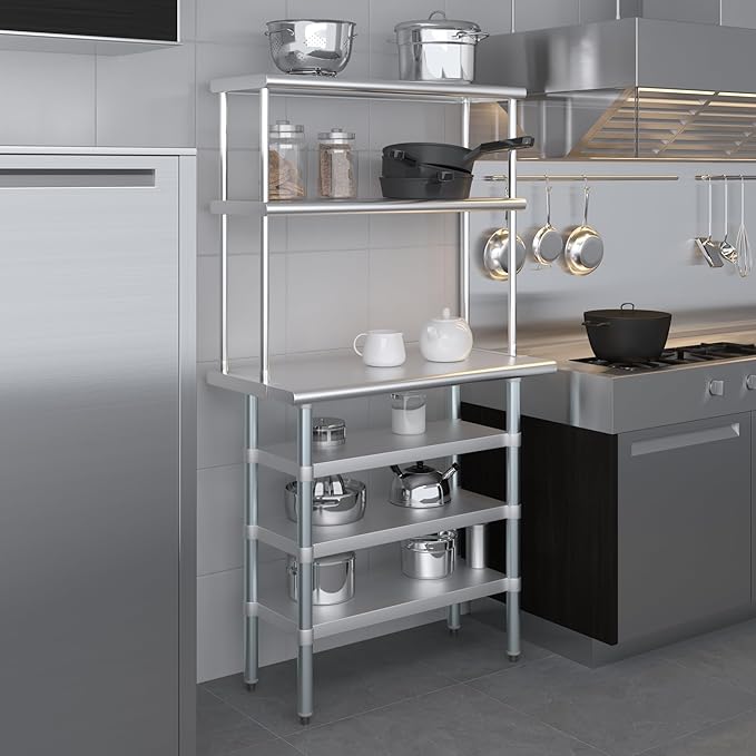 Amgood 18" x 36" Stainless Steel Work Table with 3 Shelves and 12" Wide Double Tier Overshelf | Metal Kitchen Prep Table & Shelving Combo | NSF