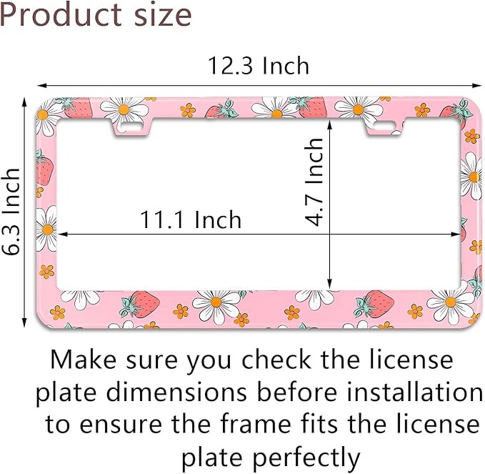 Pink Strawberry Floral License Plate Frame Stainless Steel License Plate Frames Holder Covers Rust-Proof Auto Parts Decoration with Screws License Plate Holder for Car Accessories 12x6 Inch