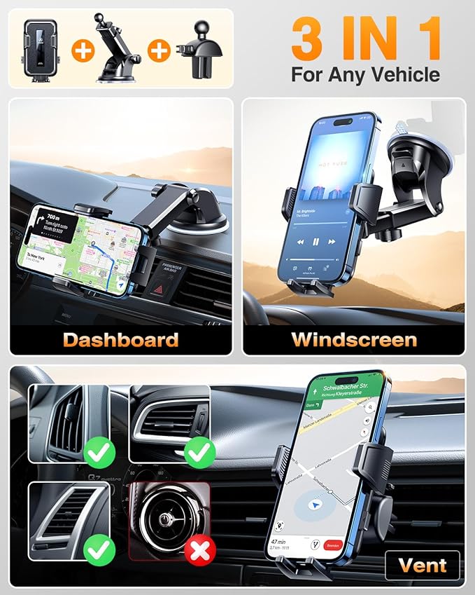 VANMASS 2025 Upgraded Car Phone Holder, [85+LBS Strongest Suction] Patent Safety Cell Phone Mount Windshield Dashboard Vent Truck Accessories Stand Cradle for iPhone 16 Pro Max 15 14 13 Android