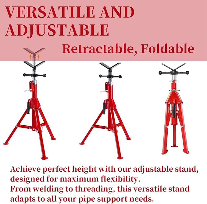 Towallmark V Head Pipe Jack Stand,28-52 Inch Adjustable Height,1/8"-12" Capacity, 2500 lb Load Capacity,Heavy Duty Carbon Steel Body, Steel Jack Stands with Portable Folding Legs