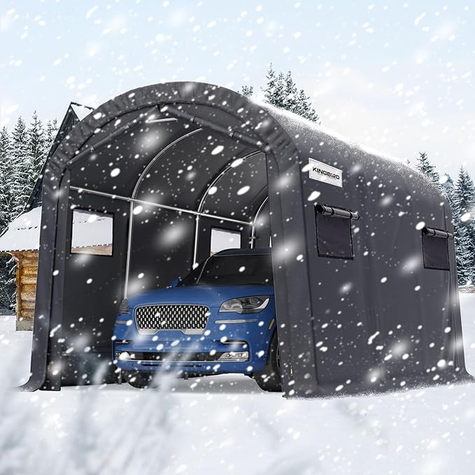 KING BIRD 10' x 15' Heavy Duty Round Style Carport with Roll-up Ventilated Windows Car Tent Carport Tent Outdoor Instant Garage Car Canopy with Reinforced Ground Bars