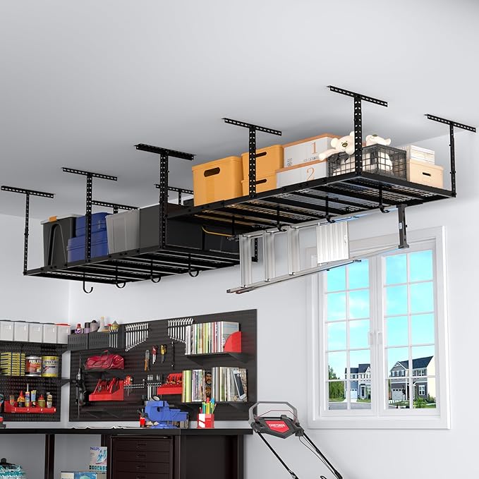 4x8 Overhead Garage Storage Rack with 4 Extra Hooks – Adjustable Heavy-Duty Ceiling Storage System (22"-40"), Holds 600 lbs, 22 lbs per Hook, Steel Hanging Organizer for Tools, Bins & Bikes | Black