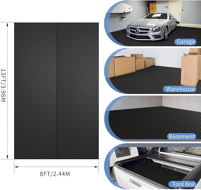 Premium Garage Floor Mat, Commercial Grade Heavy Duty Parking Mat for Garage Floor, Golf Cart Parking, Water/Stain Resistant Floor Runner (Black Coin, 2 Rolls x 4 x 13 Feet)