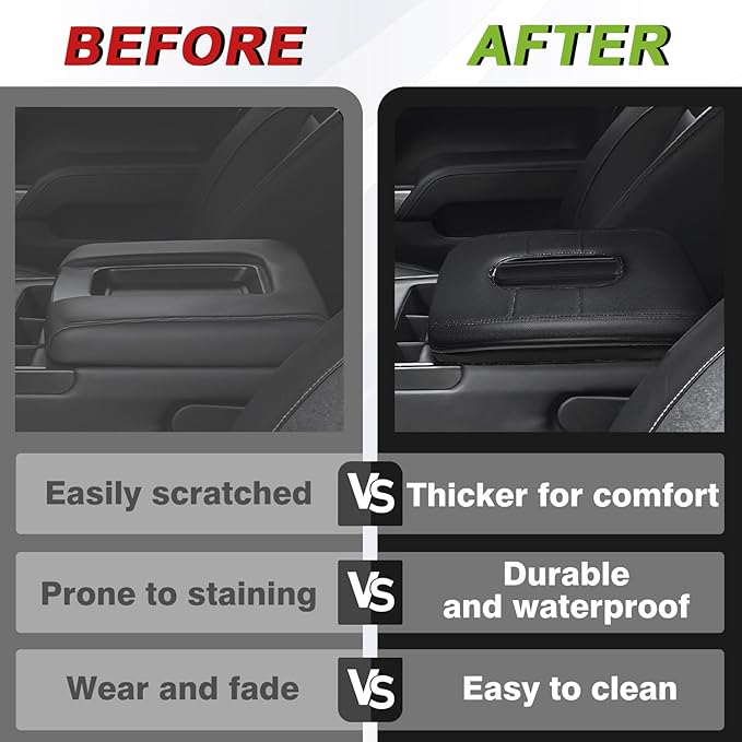 Muslogy Center Console Armrest Cover for Chevy Silverado & GMC Sierra 1500 2500 3500HD 2014-2018 Comfort Armrest Pad Arm Rest Cushion Vegan Leather Protector 1-Inch Extra Thick(Jump Seat ONLY)
