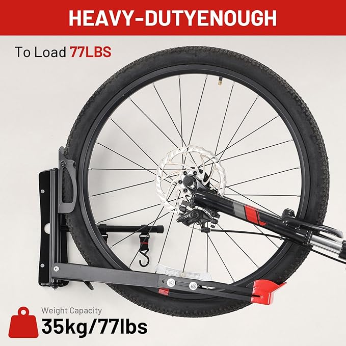 Bike Wall Mount Rack Adjustable & Foldable Garage Bike Rack with Swivel Design & 2 Storage Hooks, Fits 20"-29" Bikes, Holds Up to 77 lbs, Easy Install & Space-Saving Bike Storage 1 Pack