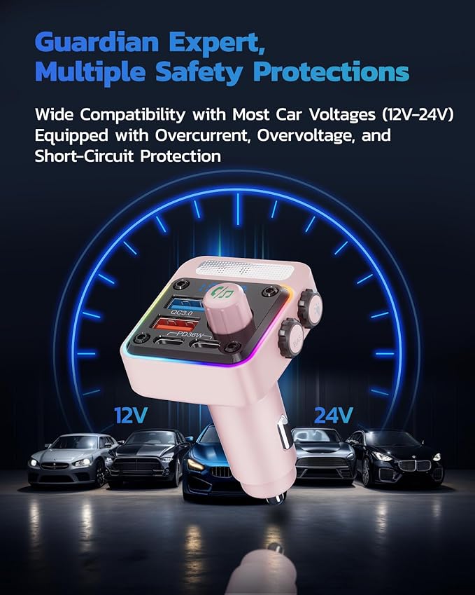 Nulaxy 54W Bluetooth 5.3 Car Adapter with 4 Charging Ports [PD 36W & QC3.0 18W], Wireless Radio FM Transmitter with Deep Bass Player & 5 Colors LED Backlit, Hands-Free Calling - Pink