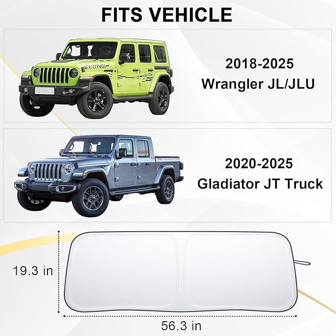 Premium Windshield Sun Shade for 2018-2025 Jeep Wrangler JL JLU & 2020-2025 Jeep Gladiator, Reflective 310T Material Front Window Sun Visor Blocks UV Rays Foldable Sunshade with Storage Pouch