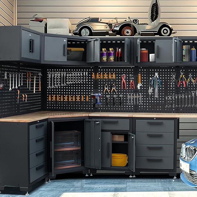 15-Piece Corner Garage Storage Cabinet System - Heavy Duty Workshop Set w/Corner Cabinet Includes Workbench, Pegboard & Lockable Drawers | Metal Tool Organization System for Garage/Workshop