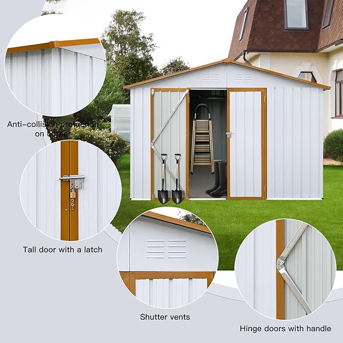 12 x 10 FT Metal Garden Shed, Outdoor Storage Shed with Heavy-Duty Steel Construction, Built-in Punched Vents & Hinged Door, Free Padlock for Secure Backyard, Patio & Garage Storage, White + Yellow
