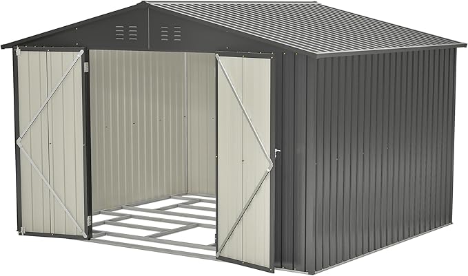 10X8 FT Outdoor Tool Storage Shed with Metal Foundation & Lockable Doors, All Weather Metal Sheds for Garden, Patio, Backyard, Lawn