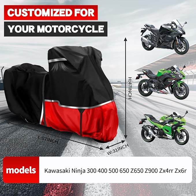 420D Motorcycle Cover Suitable for Kawasaki Ninja 400 500 650 Z900 Zx6r (No Trunk) Models Waterproof Motorcycle Cover Easy to Clean Tear-Resistant Suitable for Outdoor Protection